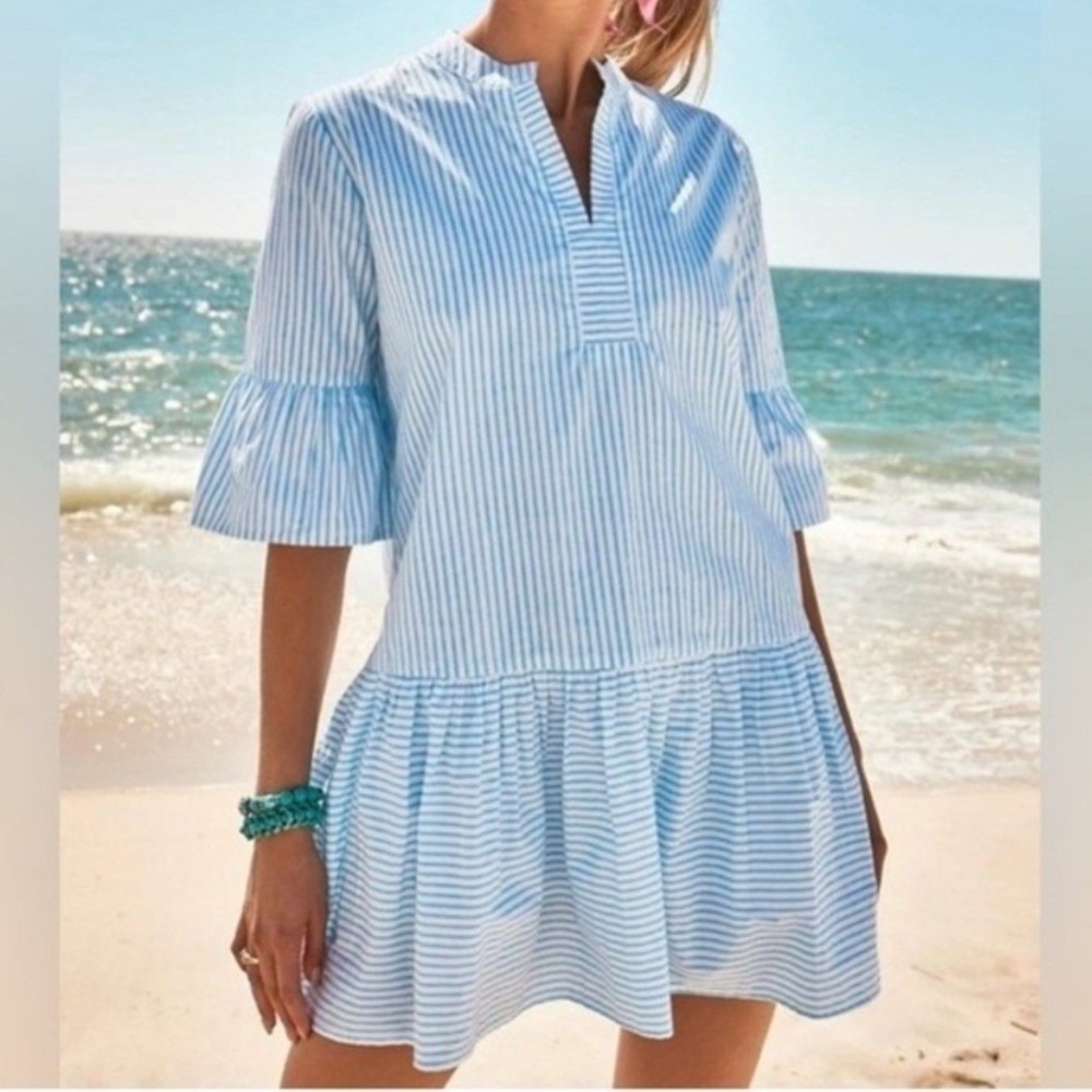 Addison Bay Blue White Striped Tiered Mini Sun Shirt Dress Cotton Poplin Medium
